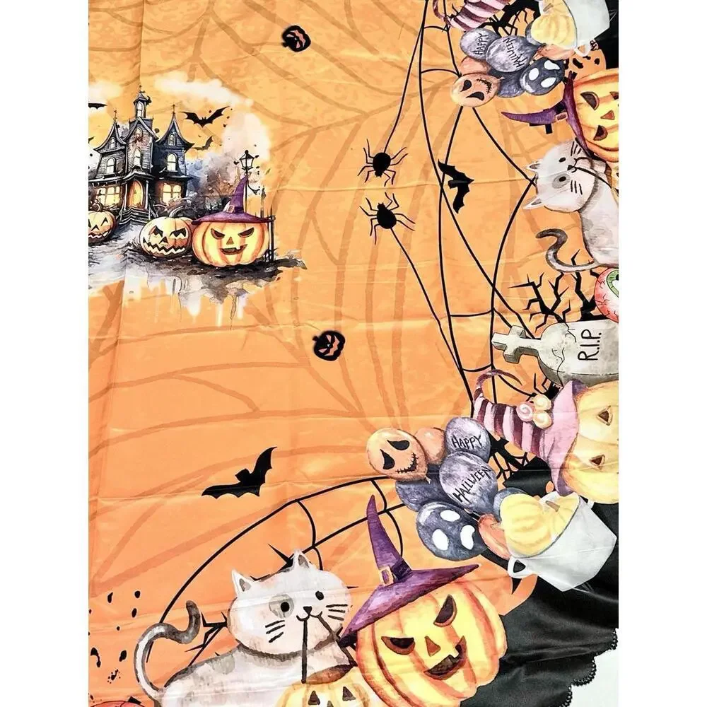 NEW Round Tablecloth Halloween Theme Orange Black Lining Pumpkins Spiders Bats